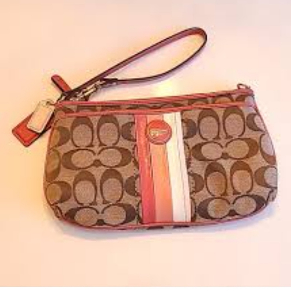 Coach Tan & Orange Corner-Zip Signature Logo Canvas and leather Wristlet/clutch